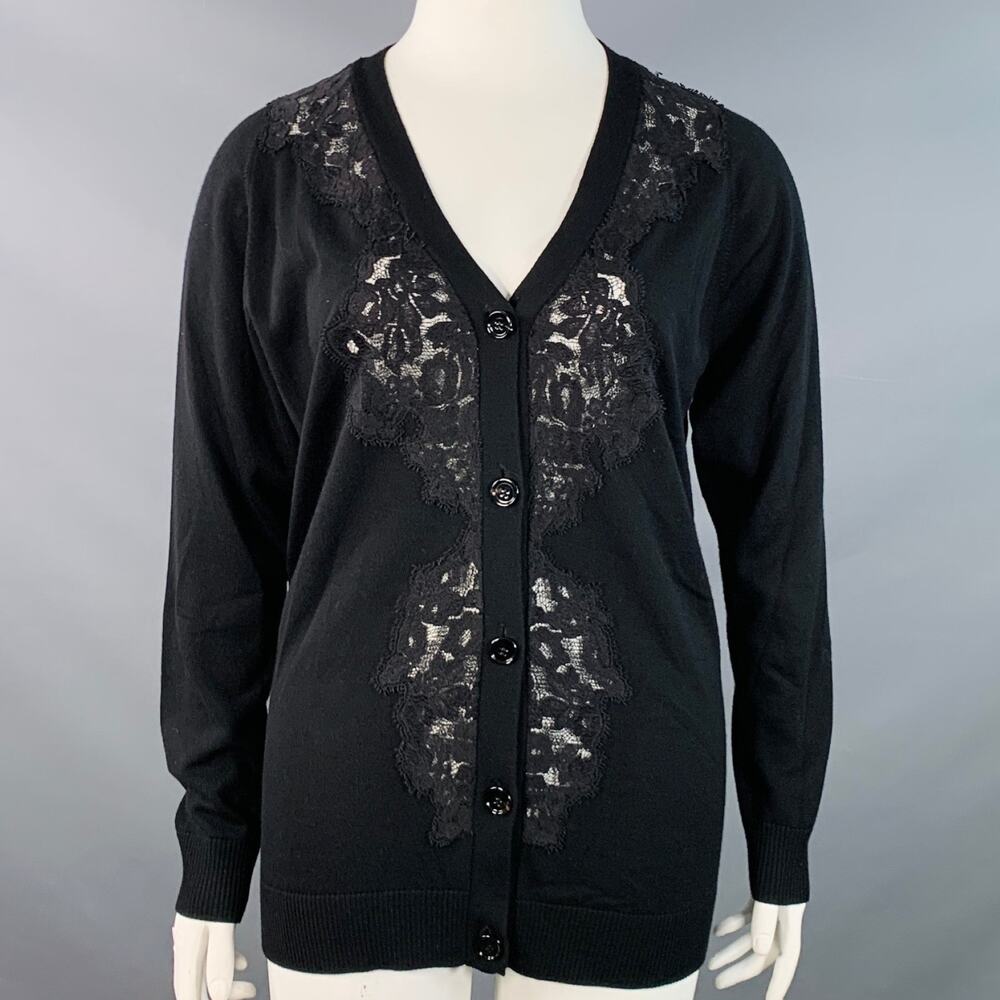 CHLOE Size L Black Wool Lace Trim V-Neck Button Up Cardigan
